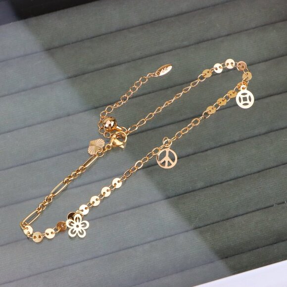 "Rose Gold Anklet with Flower & Peace Charms, XPAL1171 - Picture 1 of 12